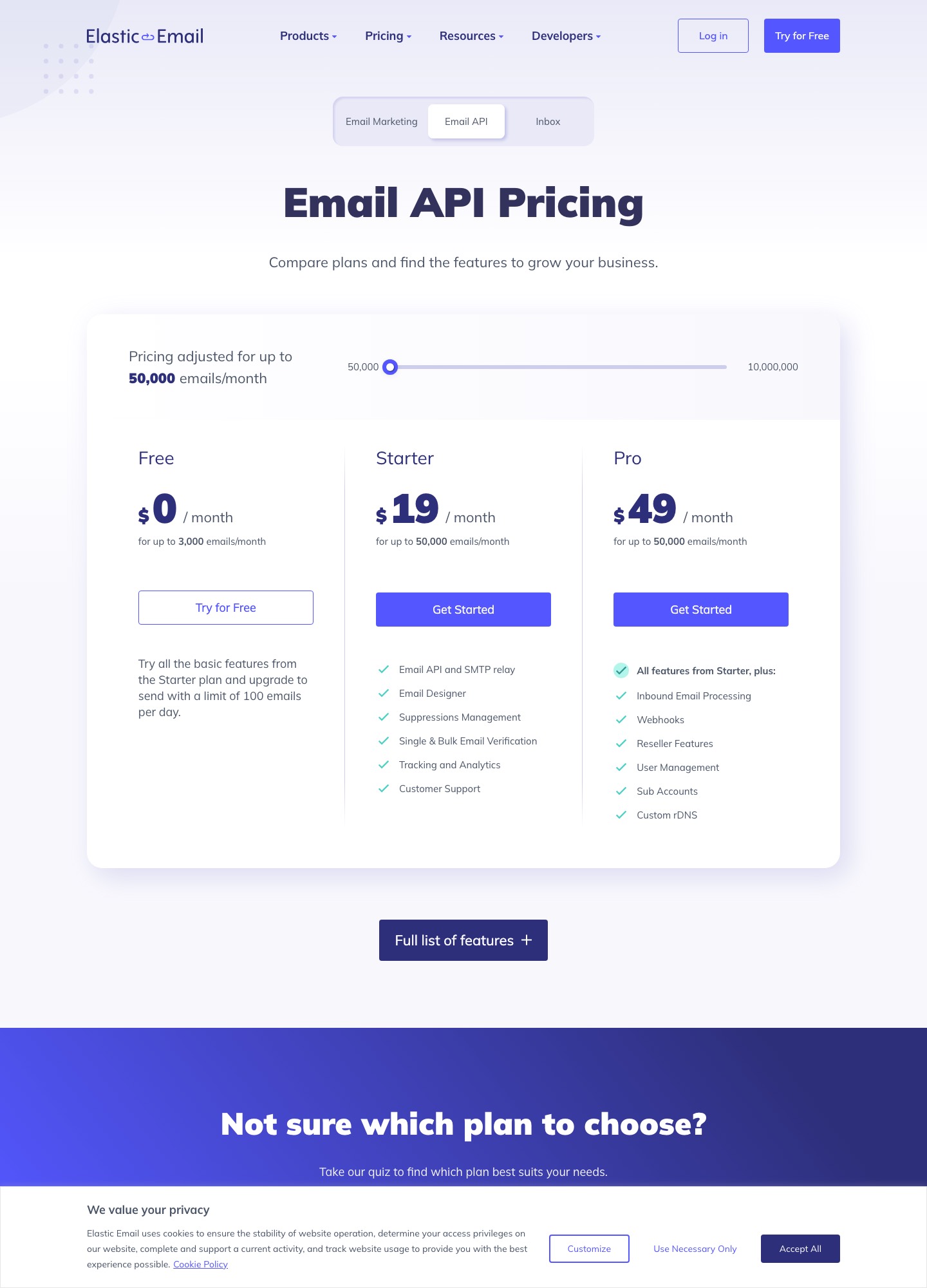 Elastic Email API pricing page, captured Oct 2026