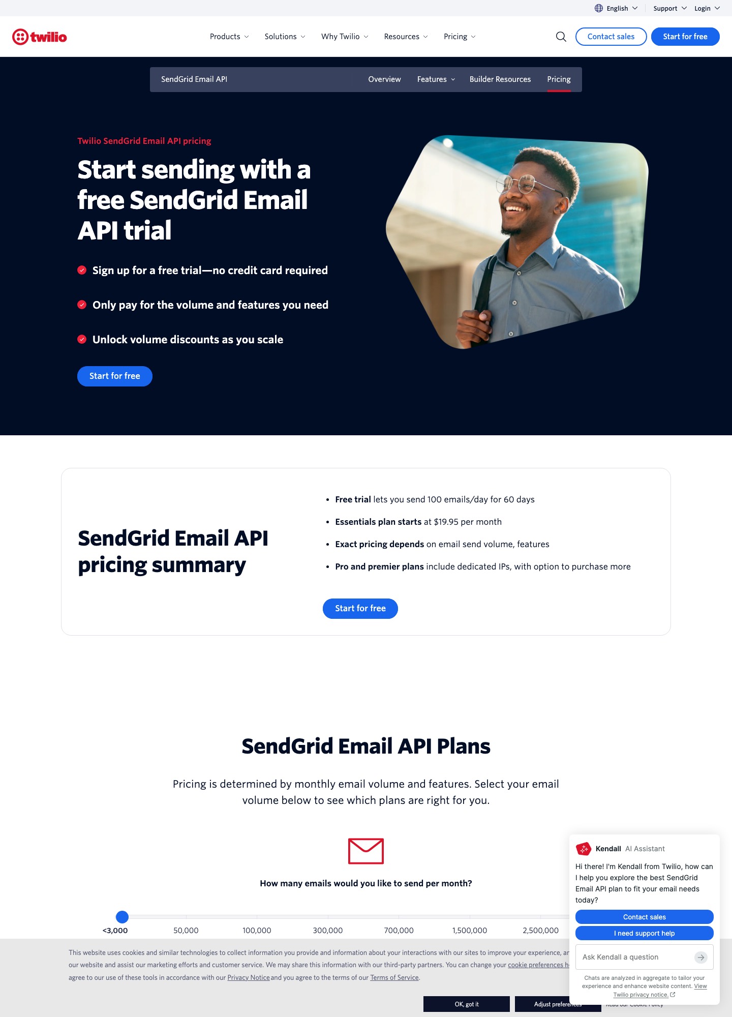 SendGrid Email API pricing page on Twilio.com, captured Oct 2026